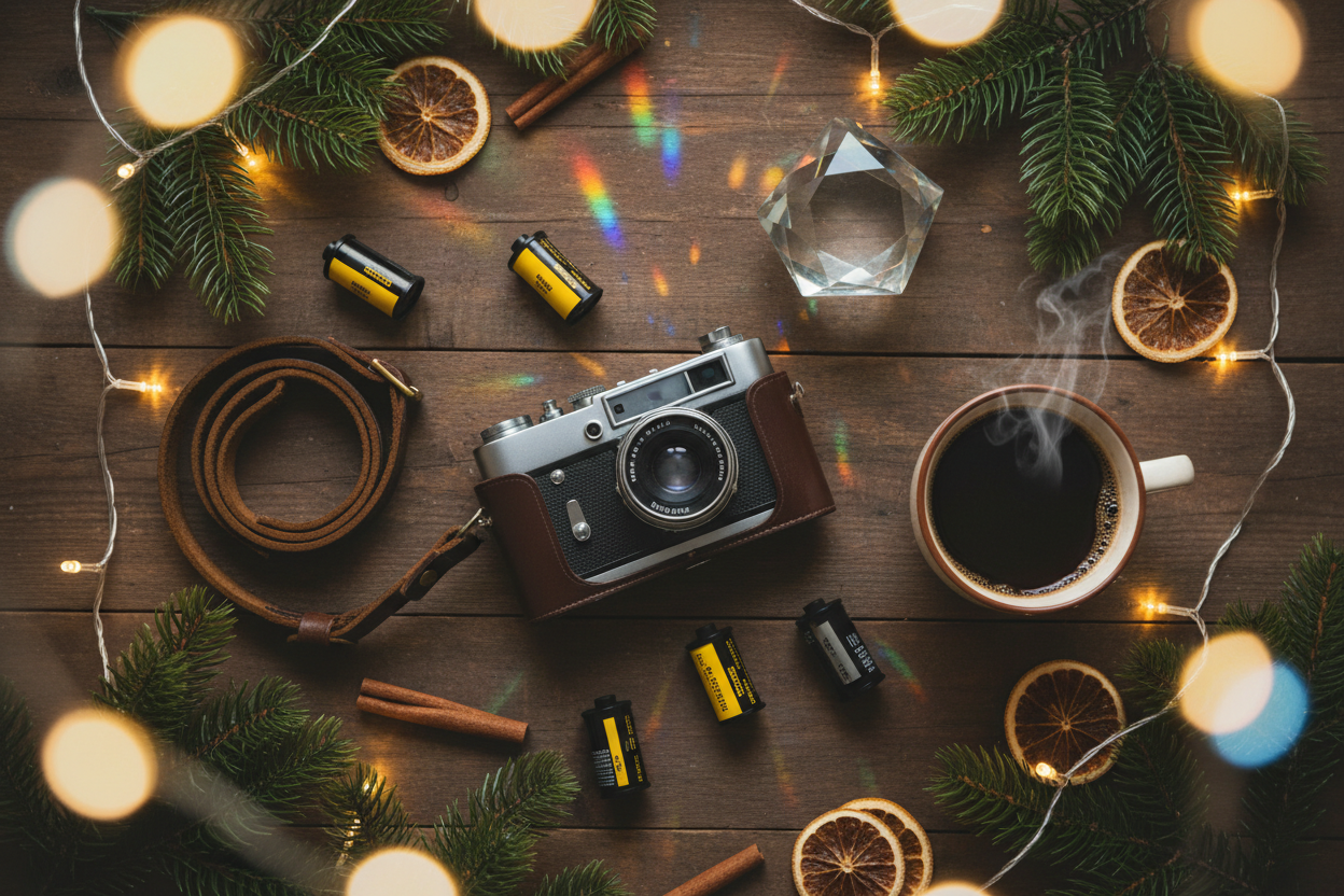 A cozy, photorealistic top-down view of a wooden photographer's desk during Christmas. The scene includes a vintage silver film camera, a few rolls of 35mm film, a glass prism reflecting warm fairy lights, a leather camera strap, and a steaming mug of coffee. The lighting is warm and moody, emphasizing the texture of the wood and the metallic sheen of the camera gear, with subtle pine branches and dried orange slices on the periphery.