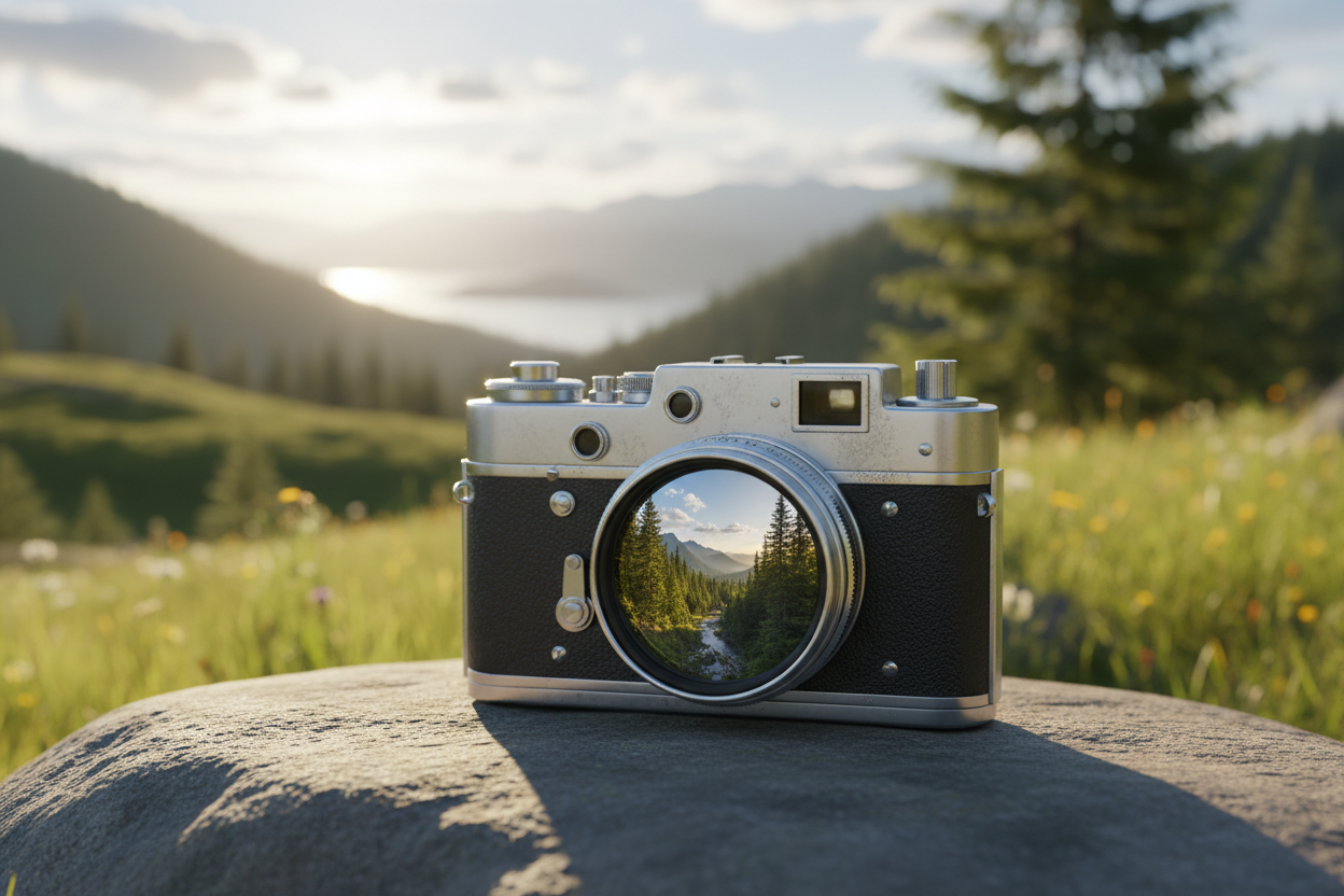 A minimalist, photorealistic shot of a vintage film camera with lens reflecting a pristine natural scene (forest or ocean), mean that it is outisde. symbolizing sustainability and growth. Soft, natural lighting. No text elements.