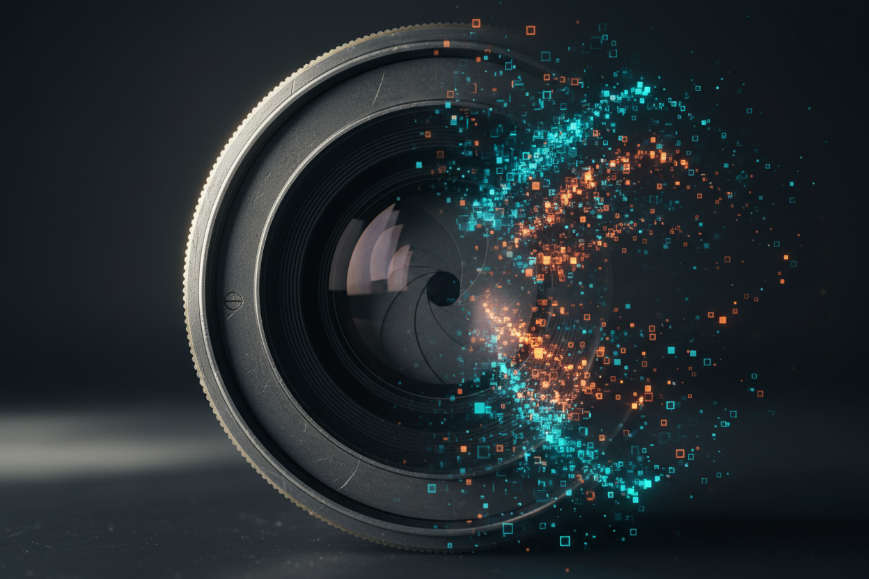 split-composition close-up. On the left, a vintage analog camera lens with visible glass elements and mechanical aperture blades. On the right, the lens dissolves into glowing, ethereal digital voxels and data streams in teal and orange hues. The lighting is dramatic and moody, emphasizing the texture of the metal against the sleekness of the digital abstract. 8k resolution, photorealistic style
