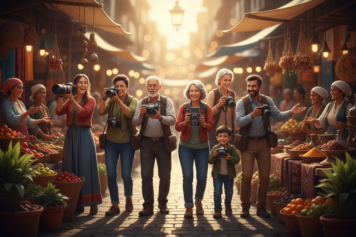 A diverse group of enthusiastic photographers, young and old, standing in a vibrant, sun-drenched street market, each holding a different type of camera. They are engaged, looking through viewfinders, and interacting with local vendors. The scene is full of color and life, with bokeh in the background. Style: Photorealistic, no text in image.