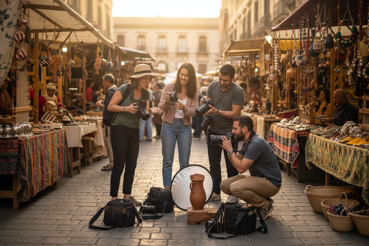 A small group of photographers collaborating on a community photography project, capturing portraits of local artisans in a vibrant market square. They are sharing gear, discussing angles, and helping each other. Style: Photorealistic, no text in image