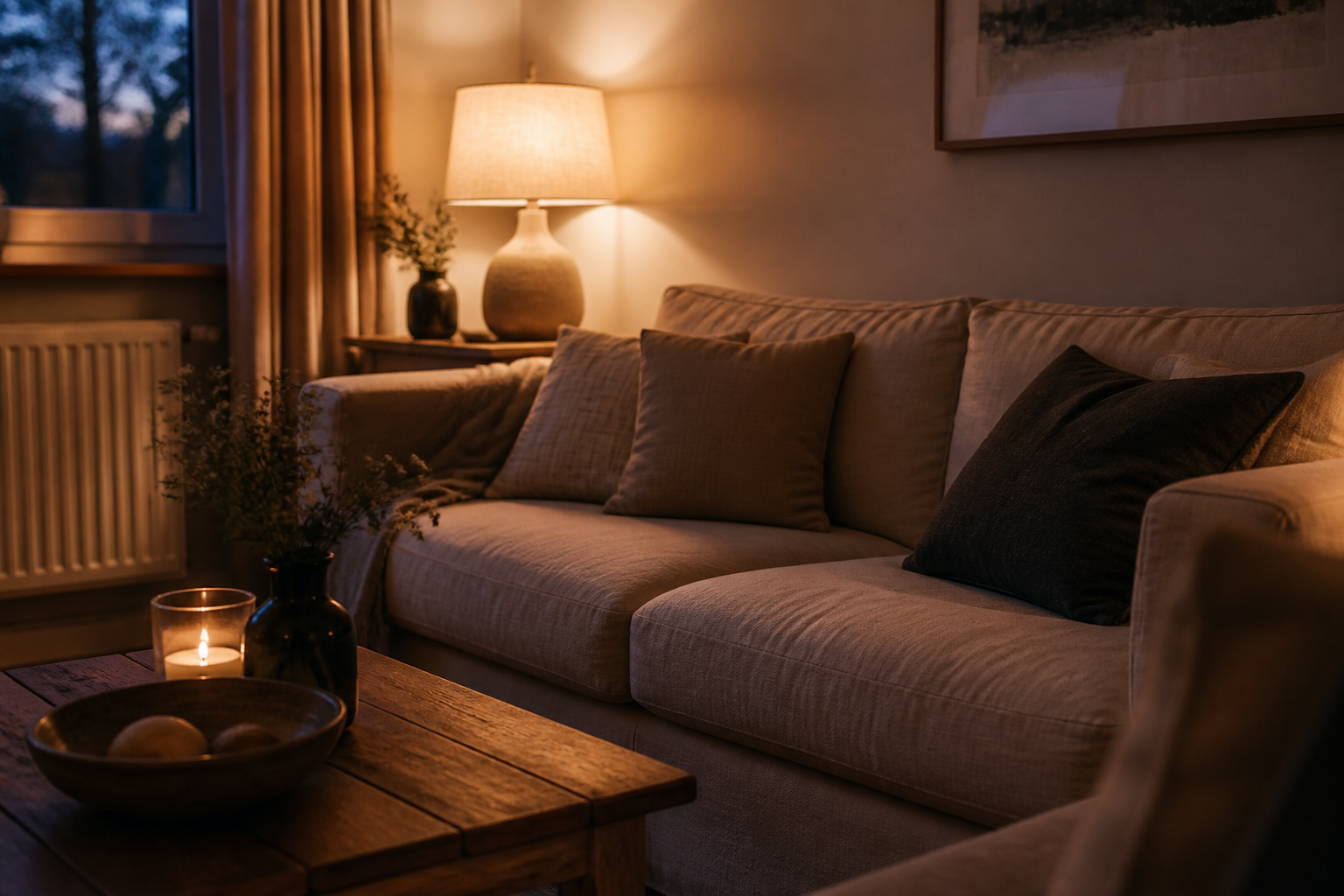 Warm lamp light in a calm neutral living room