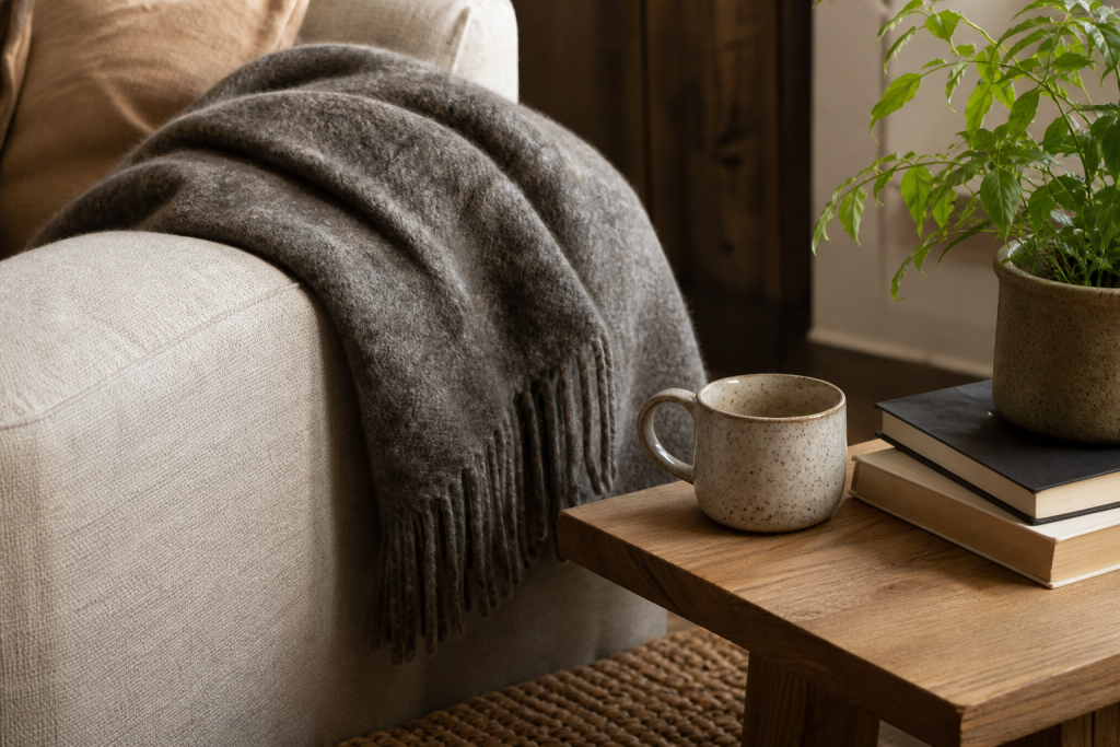Wool blanket, ceramic mug, books and natural textures in a cosy home