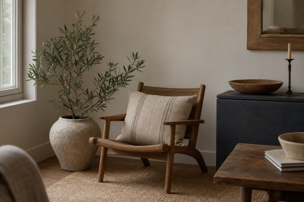 Warm neutral interior corner with wood, linen, ceramic and plant details
