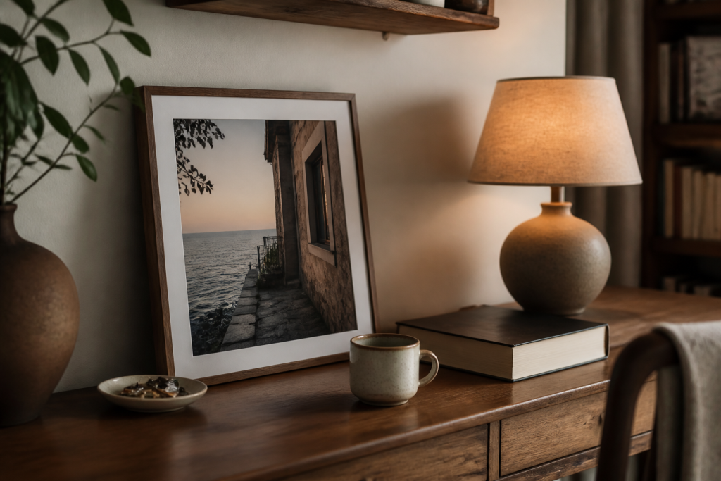 Framed travel photograph on a sideboard in a cosy personal home corner