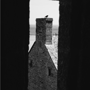 Raven on Rooftop — Mont Saint-Michel Black and White Photography Print