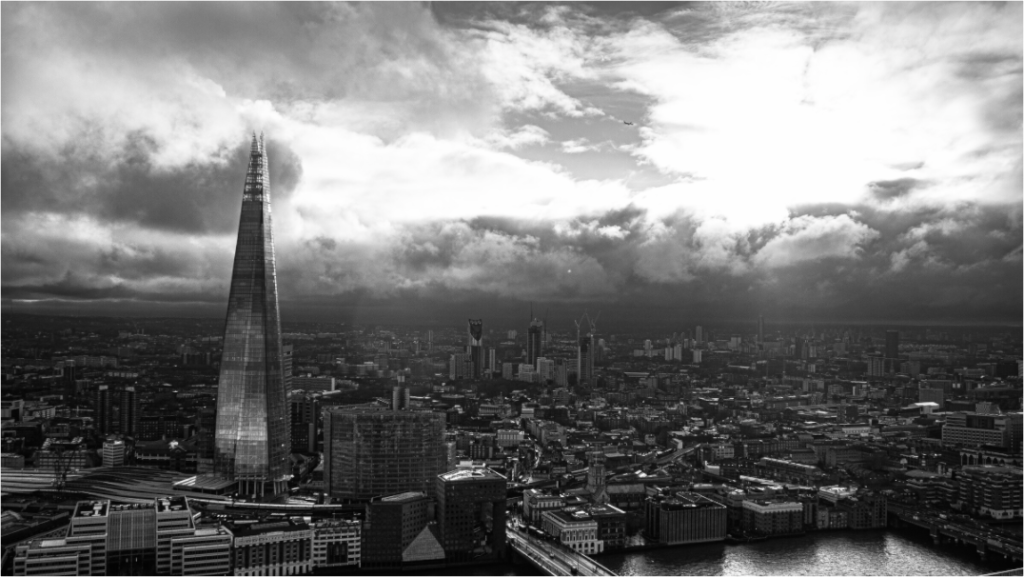 The Shard from Sky Garden — London Skyline Black and White Print preview