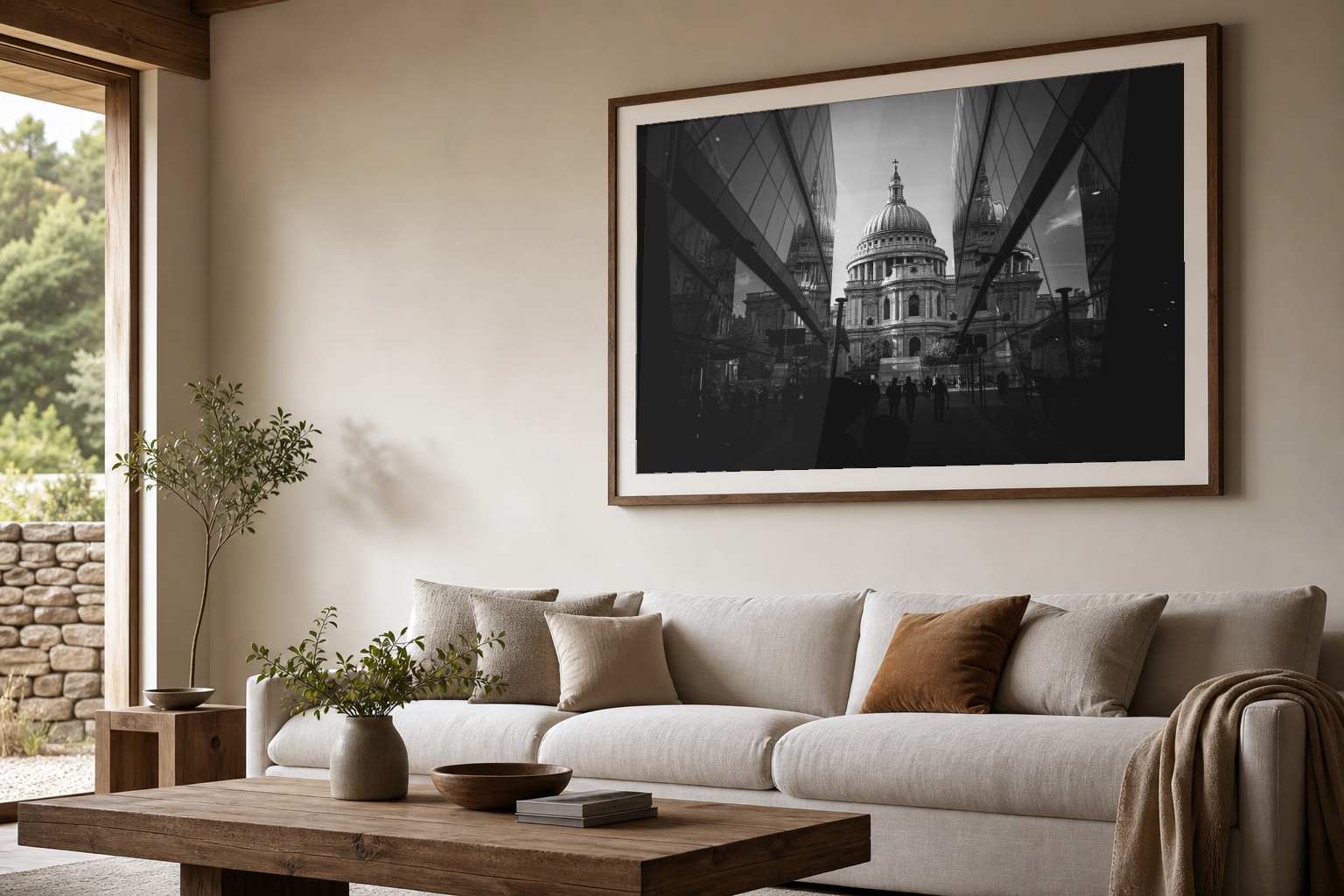 A framed St. Paul’s Cathedral black and white photography print above a neutral sofa in a calm modern living room.