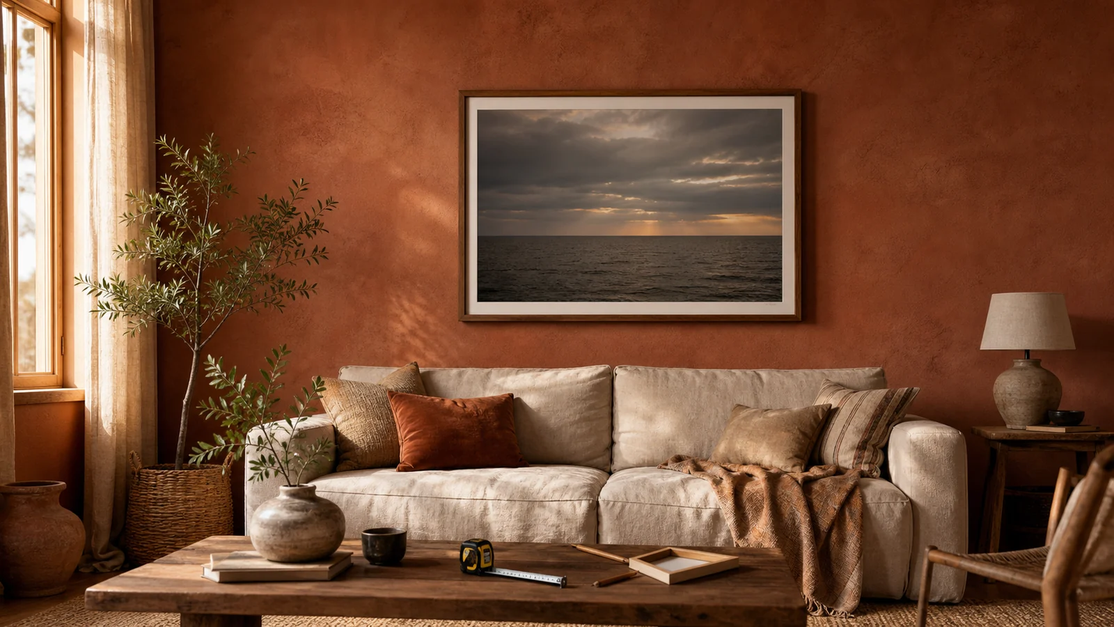 Large framed photography print above a sofa showing balanced living room wall art scale.