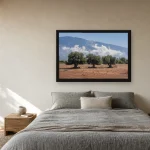 Room visualisation of Three Olive Trees in a black frame, shown at 75 x 50 cm