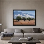 Room visualisation of Three Olive Trees in a black frame, shown at 75 x 50 cm