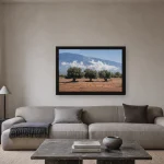 Room visualisation of Three Olive Trees in a black frame, shown at 60 x 40 cm