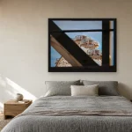 Room visualisation of Through the Frame in a black frame, shown at 77.9 x 60 cm