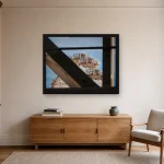 Room visualisation of Through the Frame in a black frame, shown at 77.9 x 60 cm