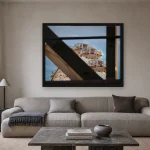 Room visualisation of Through the Frame in a black frame, shown at 77.9 x 60 cm