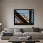 Room visualisation of Through the Frame in a black frame, shown at 64.9 x 50 cm