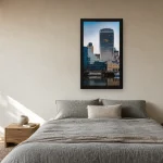 Room visualisation of The Walkie-Talkie from the Thames in a black frame, shown at 36 x 64 cm
