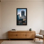 Room visualisation of The Walkie-Talkie from the Thames in a black frame, shown at 36 x 64 cm