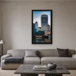 Room visualisation of The Walkie-Talkie from the Thames in a black frame, shown at 36 x 64 cm