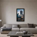 Room visualisation of The Walkie-Talkie from the Thames in a black frame, shown at 27 x 48 cm