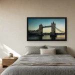 Room visualisation of Tower Bridge at Golden Hour in a black frame, shown at 80 x 45 cm
