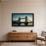 Room visualisation of Tower Bridge at Golden Hour in a black frame, shown at 80 x 45 cm