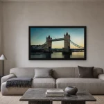 Room visualisation of Tower Bridge at Golden Hour in a black frame, shown at 80 x 45 cm