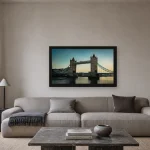 Room visualisation of Tower Bridge at Golden Hour in a black frame, shown at 64 x 36 cm