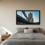Room visualisation of Tower Bridge Steel in a black frame, shown at 80 x 45 cm