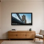 Room visualisation of Tower Bridge Steel in a black frame, shown at 80 x 45 cm