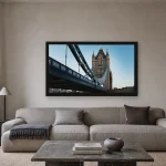 Room visualisation of Tower Bridge Steel in a black frame, shown at 80 x 45 cm