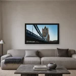 Room visualisation of Tower Bridge Steel in a black frame, shown at 64 x 36 cm