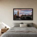 Room visualisation of Westminster Bridge at Dawn in a black frame, shown at 80 x 45 cm