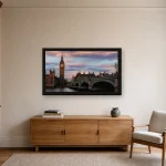 Room visualisation of Westminster Bridge at Dawn in a black frame, shown at 80 x 45 cm