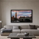 Room visualisation of Westminster Bridge at Dawn in a black frame, shown at 80 x 45 cm