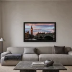 Room visualisation of Westminster Bridge at Dawn in a black frame, shown at 64 x 36 cm
