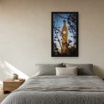 Room visualisation of Big Ben in Cherry Blossom in a black frame, shown at 36 x 64 cm