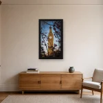 Room visualisation of Big Ben in Cherry Blossom in a black frame, shown at 36 x 64 cm