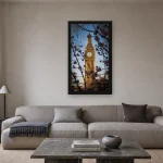 Room visualisation of Big Ben in Cherry Blossom in a black frame, shown at 36 x 64 cm