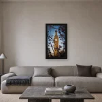 Room visualisation of Big Ben in Cherry Blossom in a black frame, shown at 27 x 48 cm