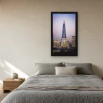Room visualisation of The Shard at Twilight in a black frame, shown at 36 x 64 cm