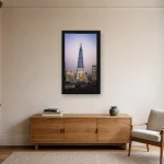 Room visualisation of The Shard at Twilight in a black frame, shown at 36 x 64 cm