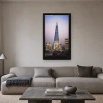 Room visualisation of The Shard at Twilight in a black frame, shown at 36 x 64 cm