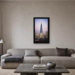 Room visualisation of The Shard at Twilight in a black frame, shown at 27 x 48 cm