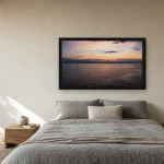 Room visualisation of Crossing at Dawn in a black frame, shown at 80 x 45 cm