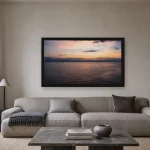 Room visualisation of Crossing at Dawn in a black frame, shown at 80 x 45 cm