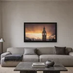 Room visualisation of Big Ben Under a January Sky in a black frame, shown at 64 x 36 cm