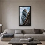 Room visualisation of The Gherkin in a black frame, shown at 36 x 64 cm