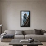 Room visualisation of The Gherkin in a black frame, shown at 27 x 48 cm