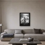 Room visualisation of Big Ben Through Wildflowers in a black frame, shown at 30 x 40 cm
